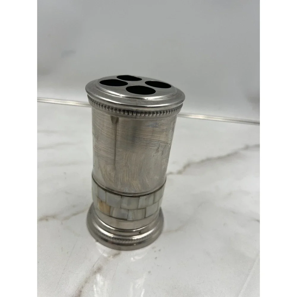 Toothbrush Holder 4 Slot Bath Silver Tone Mother of Pearl Vanity Decor